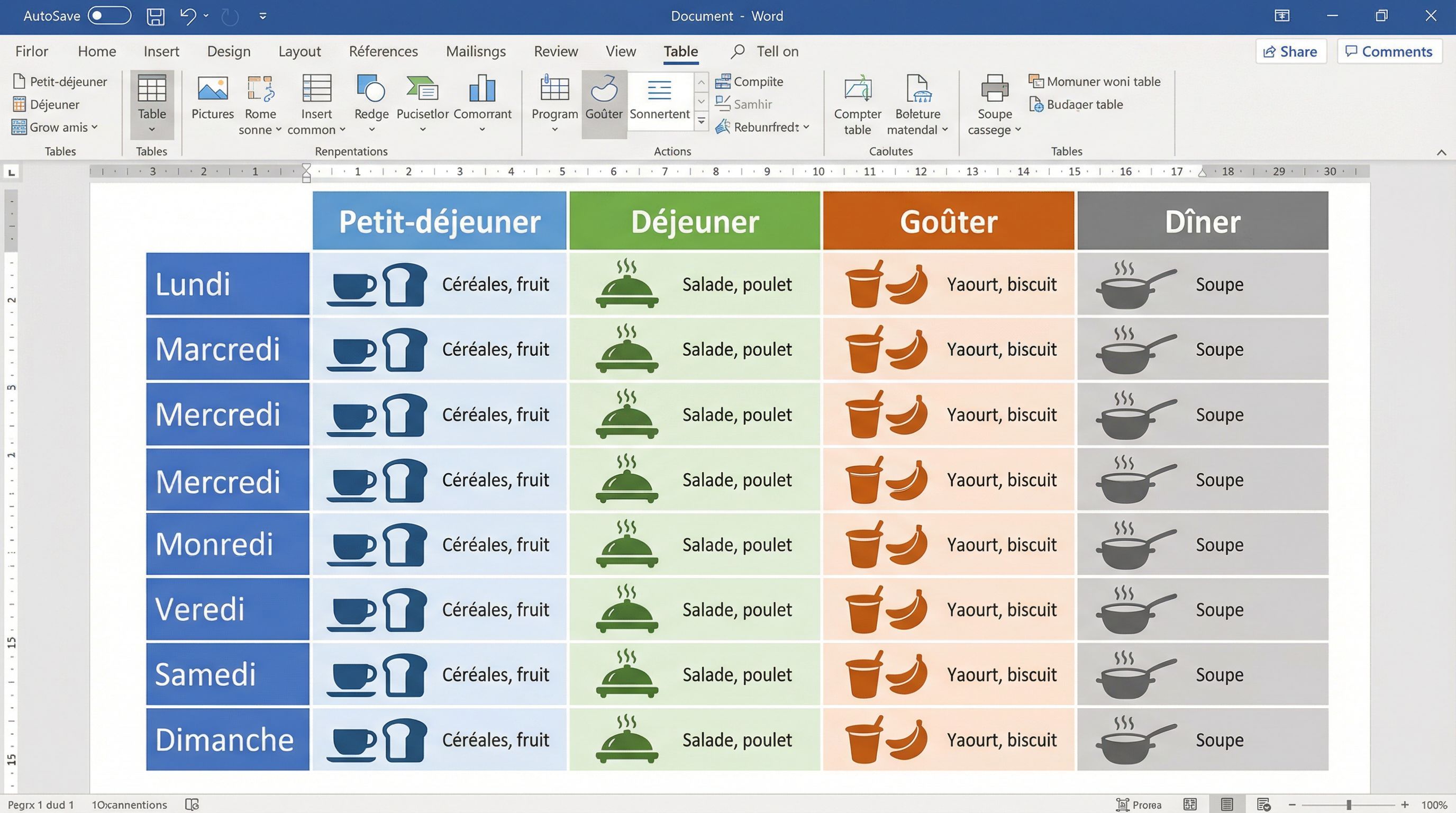 Créer un planning menu semaine sur Word