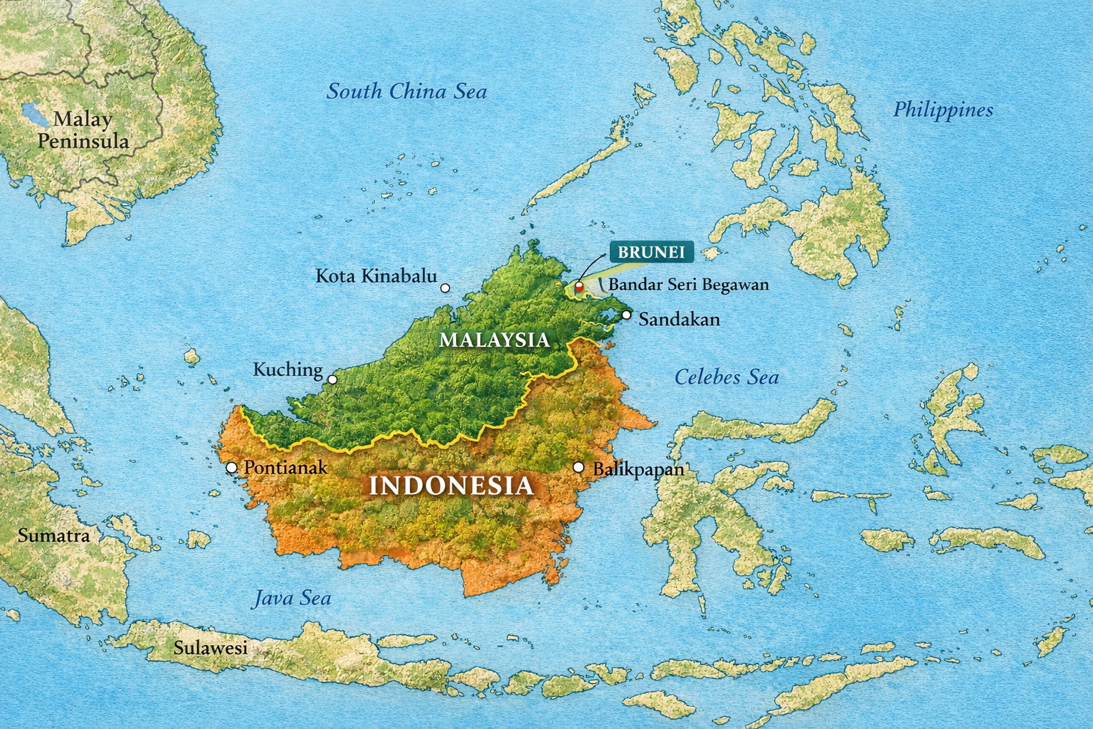Borneo carte : localiser l’île et comprendre ses frontières