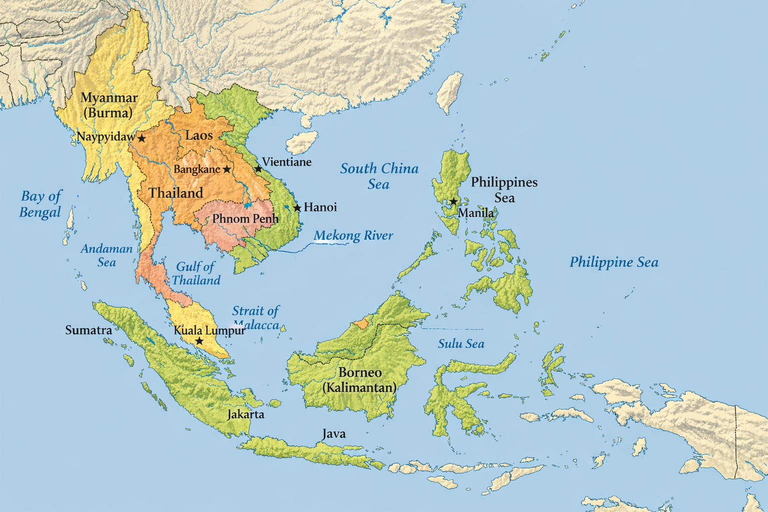 Carte de l’Asie du Sud-Est : pays, mers et repères clés