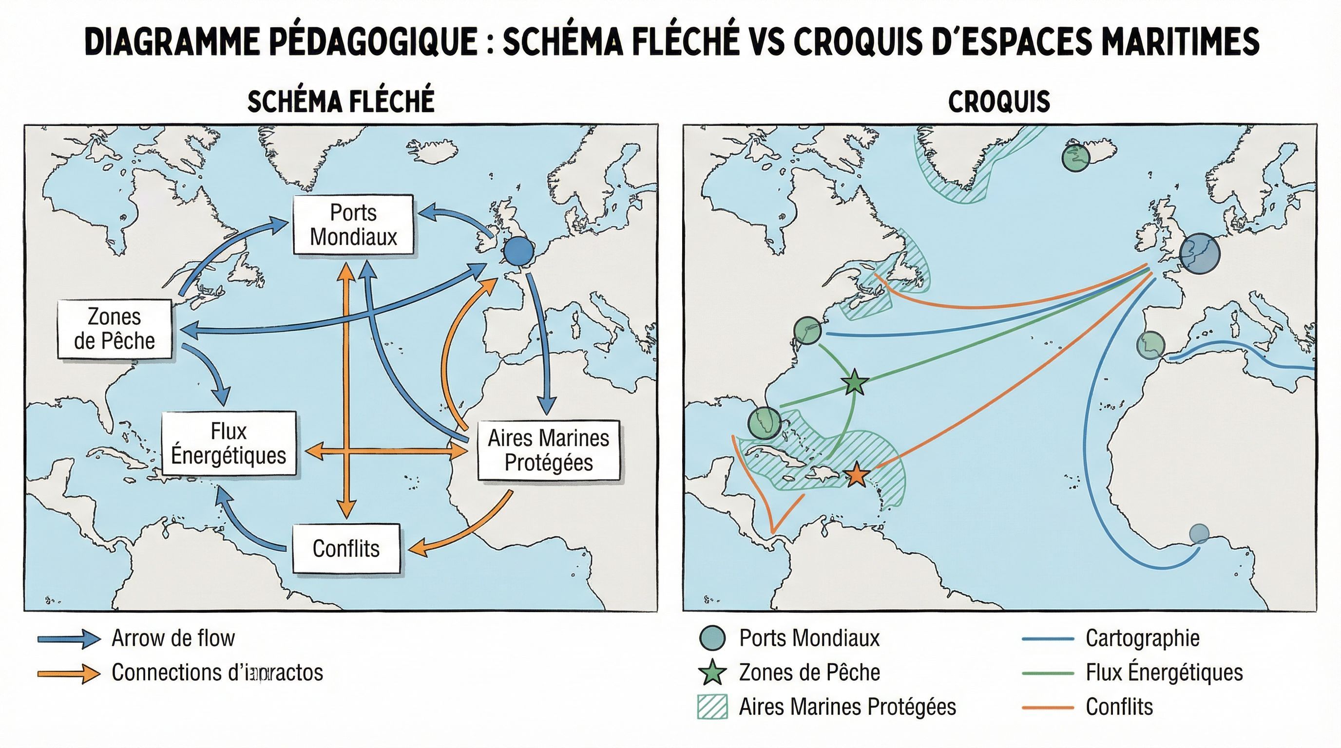Schéma fleché et croquis espaces maritimes