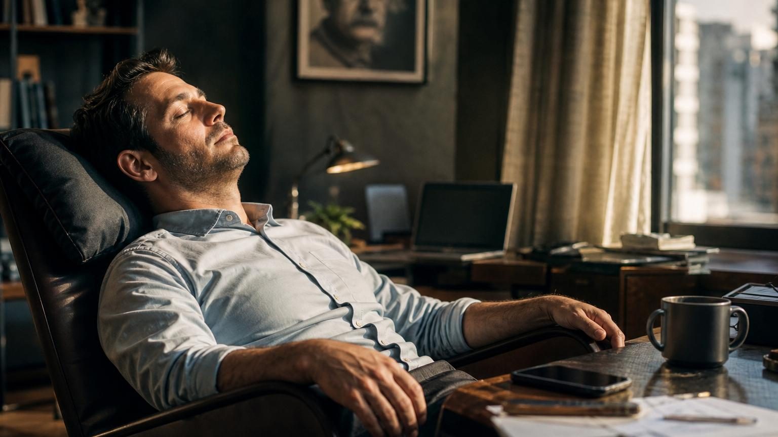 Personne allongée calmement dans un espace calme et tamisé, les yeux fermés, illustrant une sieste brève de récupération en début d'après-midi.