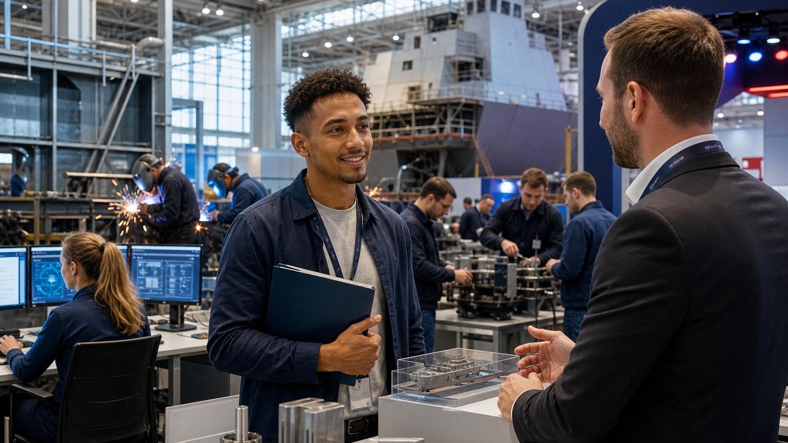 Jeune technicien explorant les stands d'un forum de l'emploi, s'arrêtant devant celui d'un équipementier de défense, posant des questions sur les diplômes, le lieu de travail et les salaires.