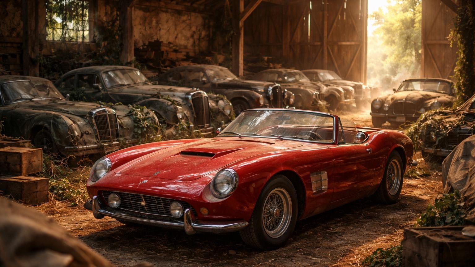 Collection de voitures anciennes dégradées empilées dans une grange abandonnée française, parmi lesquelles une Ferrari rouge et d'autres véhicules de prestige couverts de poussière.