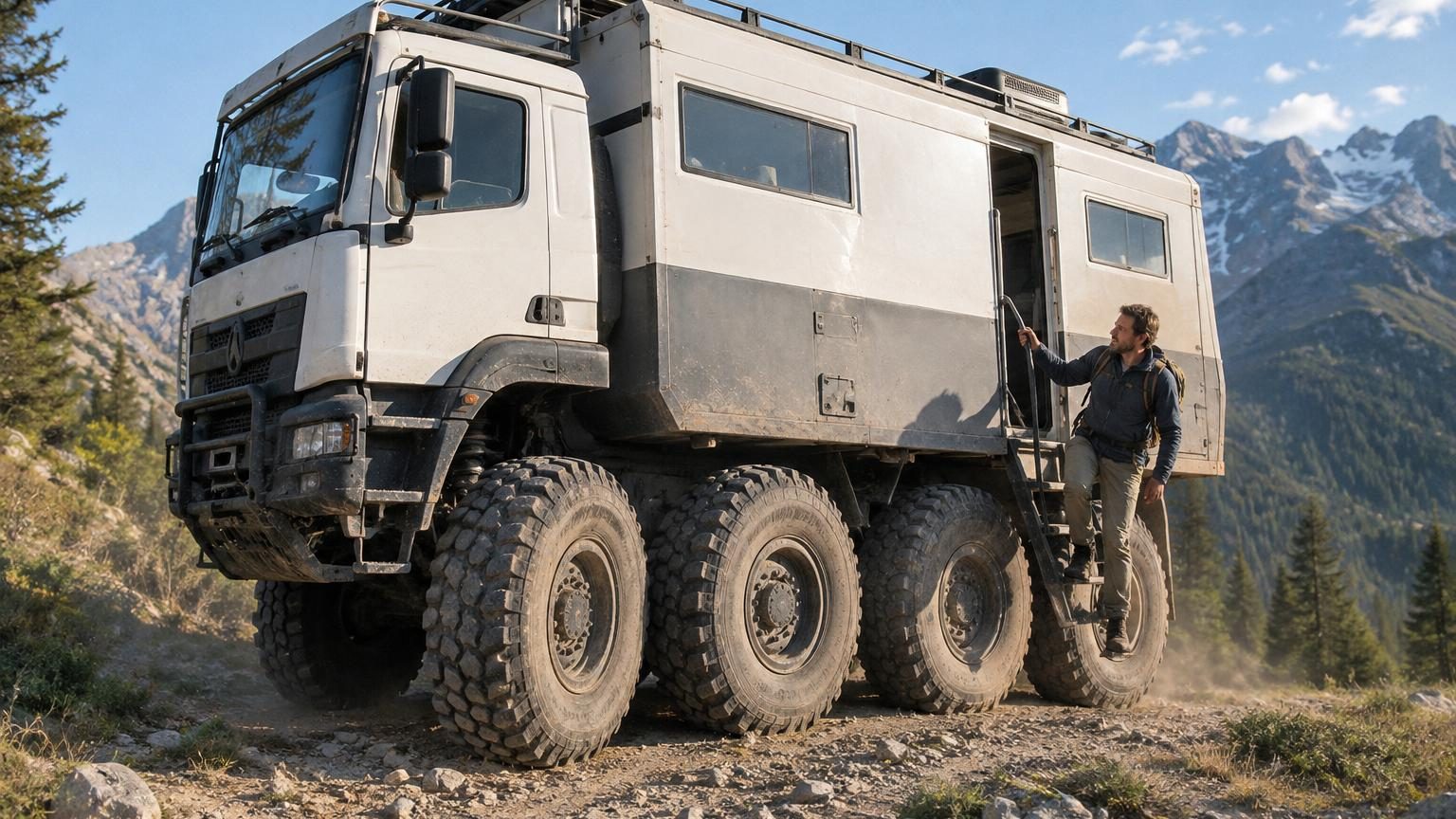 Un imposant camping-car blanc cassé posé sur six pneus géants couverts de boue séchée, mesurant 11 mètres de long, photographié sur une zone artisanale de la Drôme.
