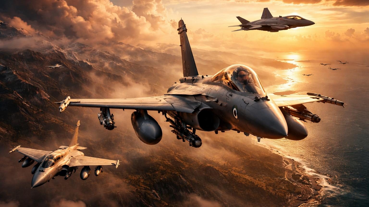 Chasseurs de combat Rafale en formation aérienne, symbolisant la montée en puissance militaire de l'aviation indienne face à ses rivaux régionaux.