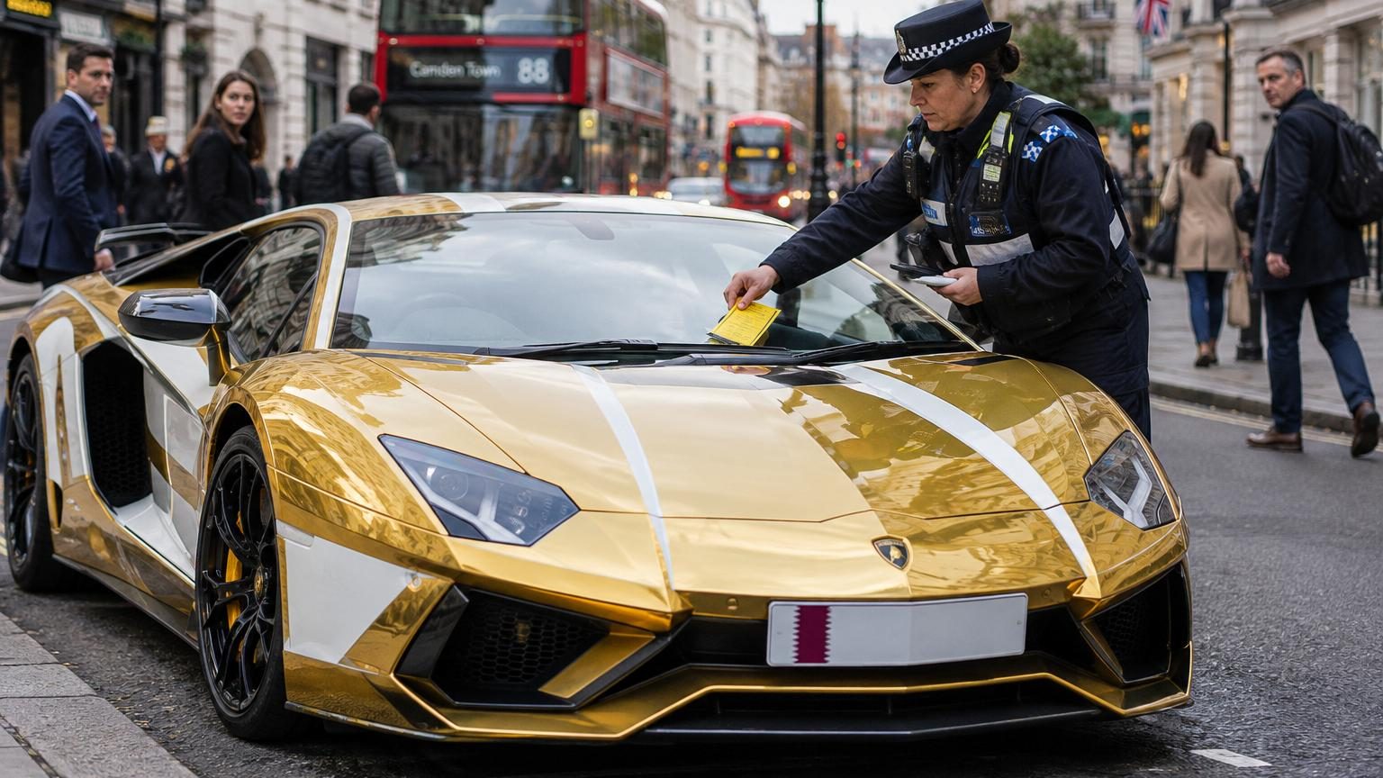 Une Bugatti orange immobilisée dans une rue de Londres avec un ticket blanc sous l'essuie-glace, tandis que des piétons observent la supercar immatriculée au Qatar.