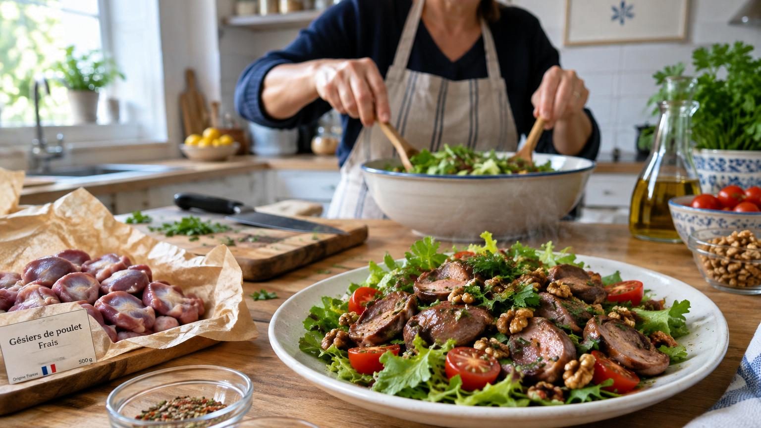 Gésiers de poulet crus ou cuits dans un bol, mettant en avant leur texture ferme et leur couleur sombre caractéristique, symbole de densité nutritionnelle.