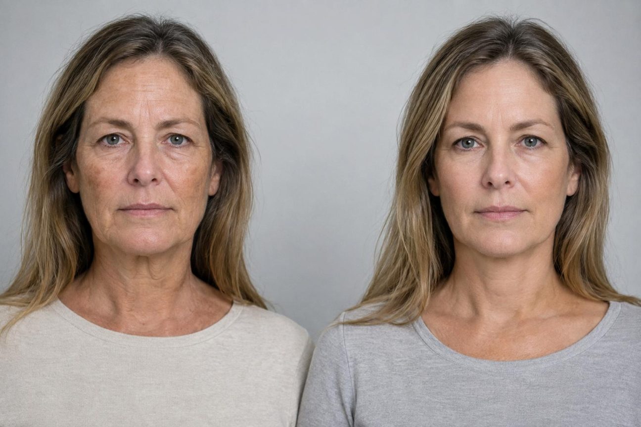 Deux jumeaux identiques photographiés côte à côte avec expression neutre, montrant des différences visibles de rides et de teint selon leur mode de vie