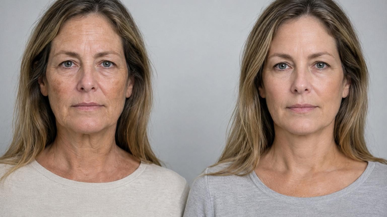 Deux jumeaux identiques photographiés côte à côte avec expression neutre, montrant des différences visibles de rides et de teint selon leur mode de vie