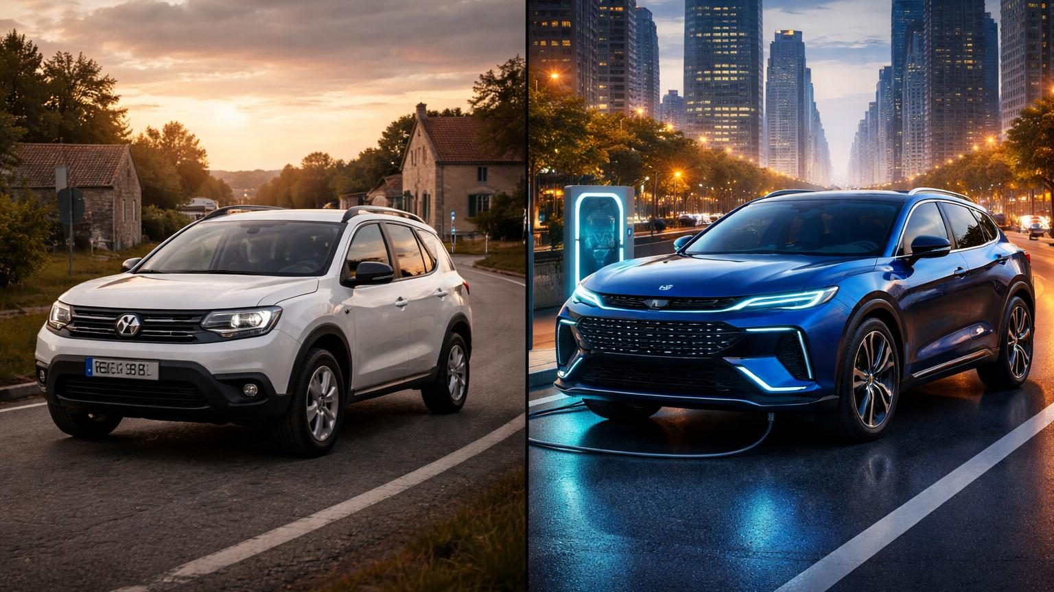 Comparaison de deux SUV côte à côte : un Dacia Duster thermique compact face à un Denza B3 électrique de taille Toyota RAV4, illustrant l'écart technologique et tarifaire entre les marchés français et chinois.