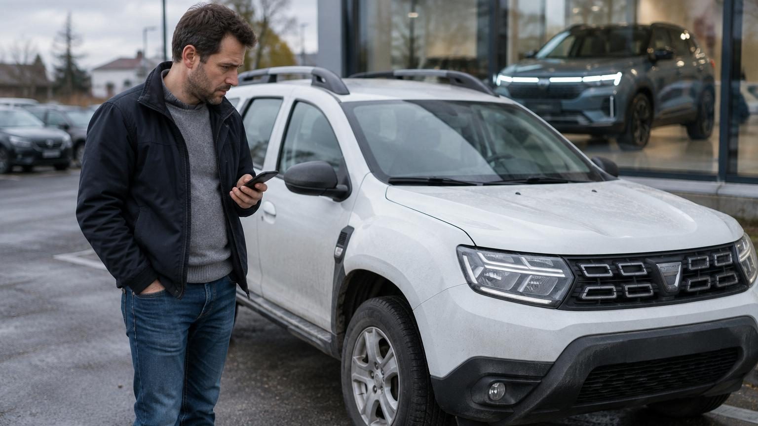 Parking bondé avec vendeur automobile montrant une voiture d'exposition à client intéressé, avec prix affiché en vitre ; en arrière-plan, comparaison symbolique avec un SUV chinois plus spacieux et puissant.