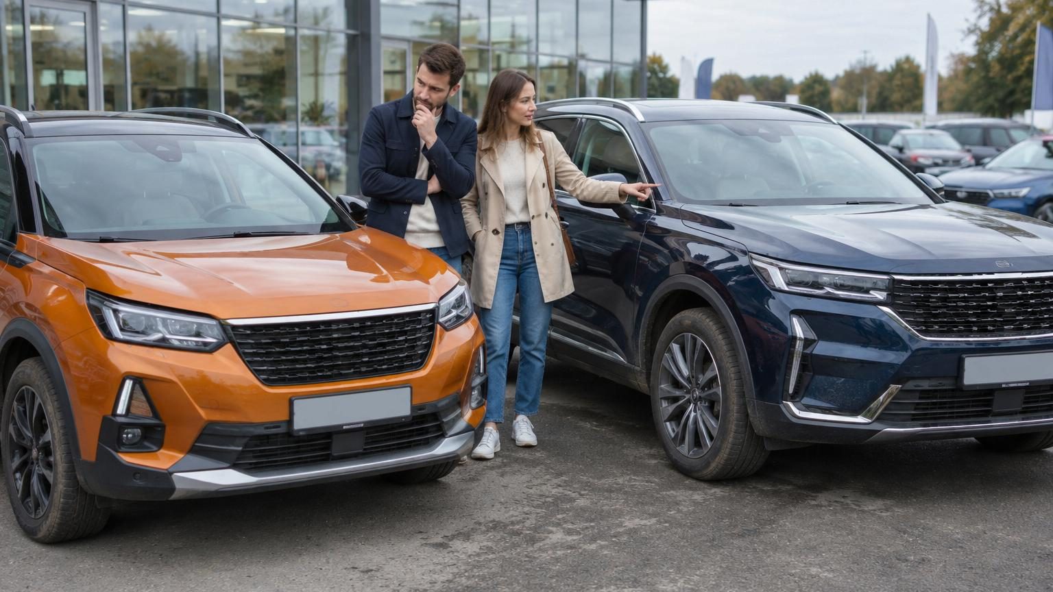 Hall de concession automobile avec un père et sa famille observant un Duster blanc à côté d'une vidéo TikTok affichant un imposant SUV chinois rouge de grande taille.