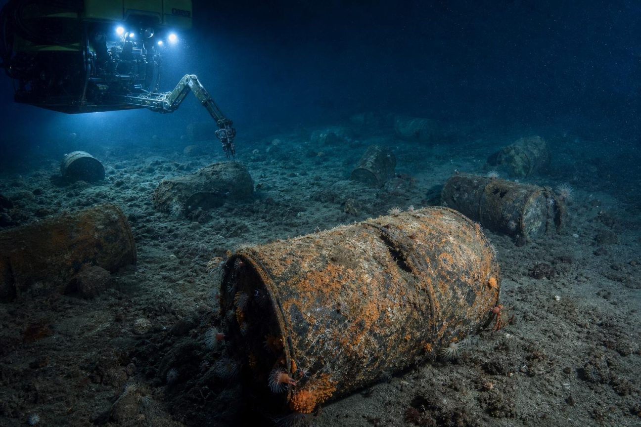 Écran sonar révélant des dizaines de fûts métalliques cylindriques posés sur le sédiment océanique à grande profondeur, certains isolés, d'autres regroupés.