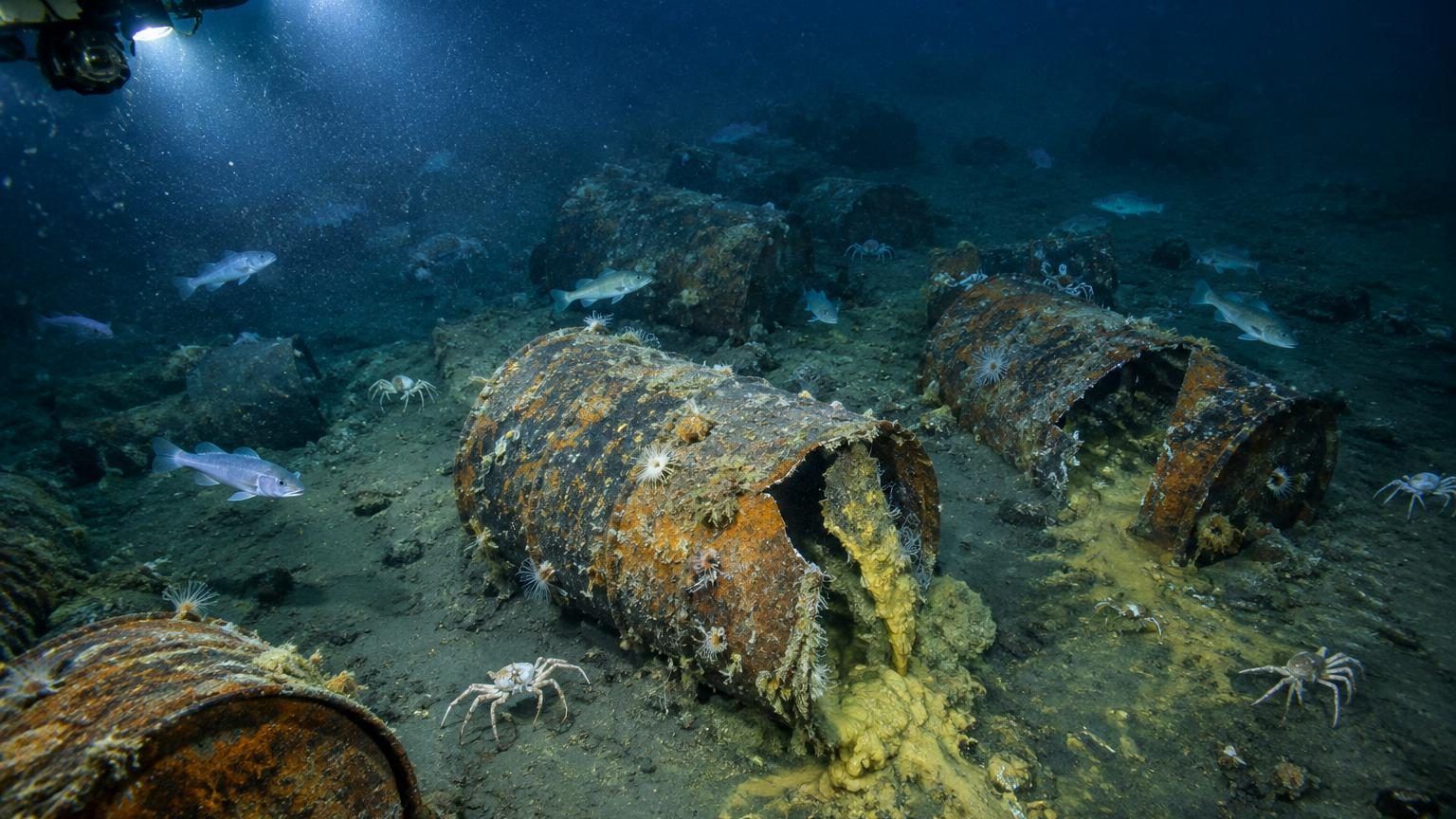 Robot sous-marin filmant des fûts jaunes corrodés par la rouille au fond de l'océan Atlantique, entourés de sédiments gris