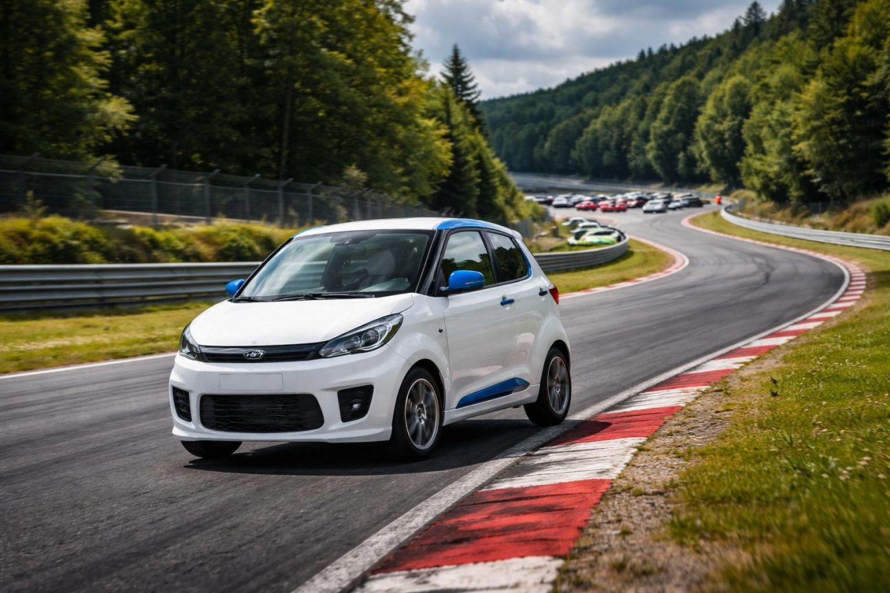 Une petite Ligier JS50 D+ diesel rouge et blanche roulant très lentement sur le circuit du Nürburgring en Allemagne, avec les courbes du circuit visible en arrière-plan.