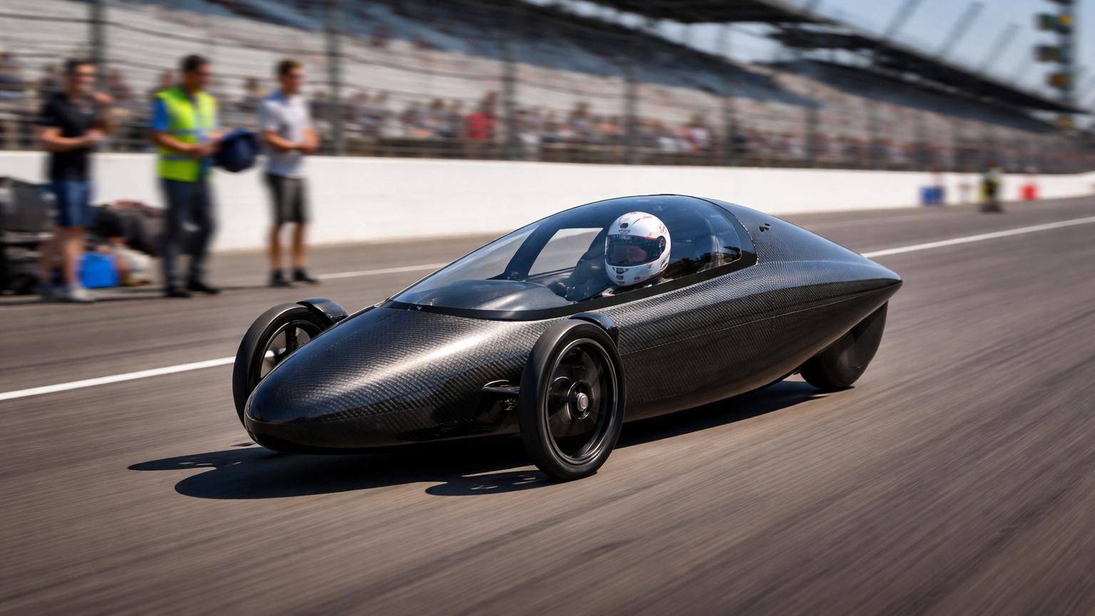 Tricycle ultraléger en fibre de carbone avec cockpit fermé et profilé, conçu pour l'efficacité énergétique maximale lors d'une compétition automobile.