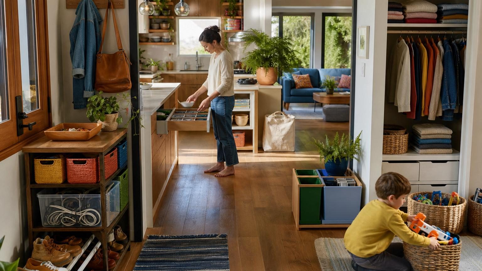 Intérieur ordonné d'une maison avec placards ouverts montrant des objets bien rangés, boîtes étiquetées et étagères organisées sans surcharge.