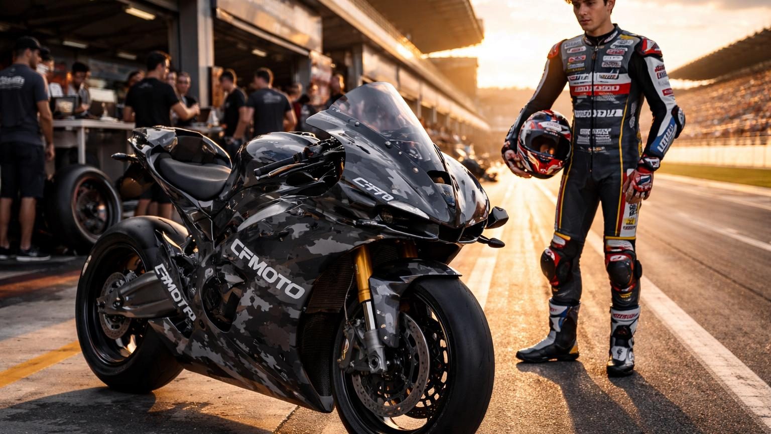 Moto sportive CFMoto V4 SR-RR avec carénage camouflé en essais sur circuit avec l'équipe Aspar.
