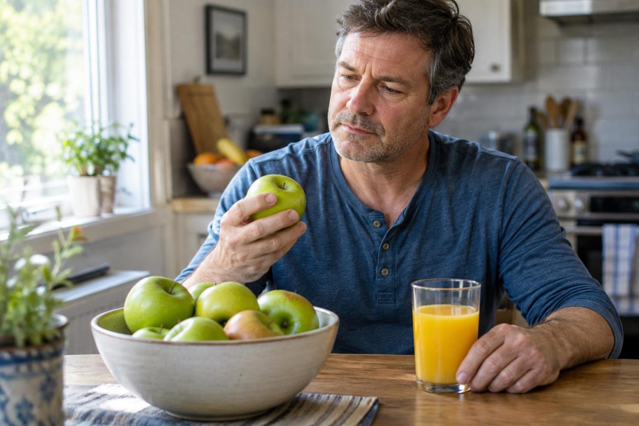 Composition de fruits entiers colorés (pommes, bananes, raisins) à côté d'un verre de jus de fruits frais, illustrant la différence nutritionnelle entre fruit intact et jus pressé.