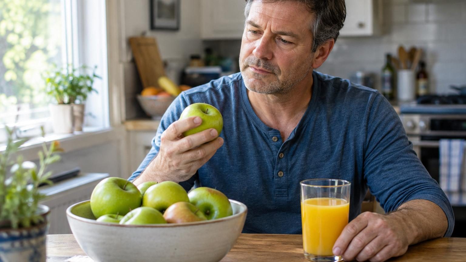 Composition de fruits entiers colorés (pommes, bananes, raisins) à côté d'un verre de jus de fruits frais, illustrant la différence nutritionnelle entre fruit intact et jus pressé.