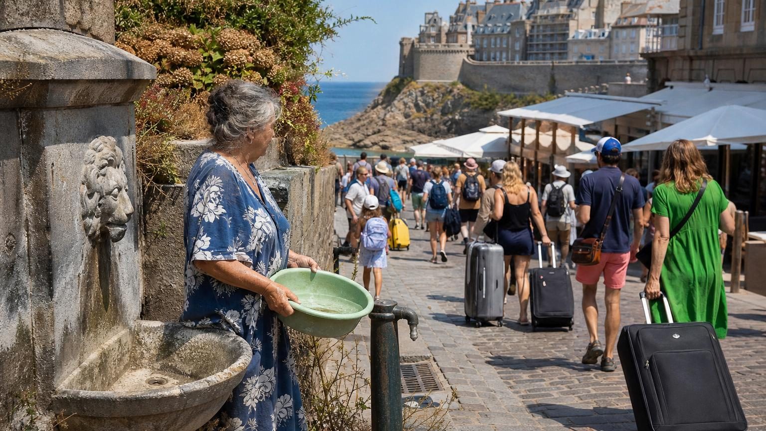 Terrasse animée en bord de mer avec touristes à Saint-Malo, contrastant avec la pénurie d'eau qui frappe la ville
