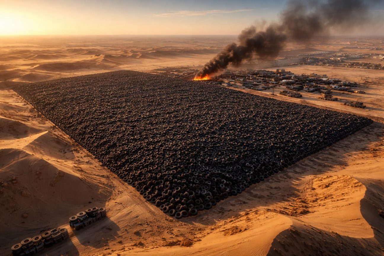 Vue satellite du désert koweïtien avec une vaste tache noire rectangulaire formée par des millions de pneus usagés entassés dans la région de Sulaibiya, avant son évacuation en 2021.