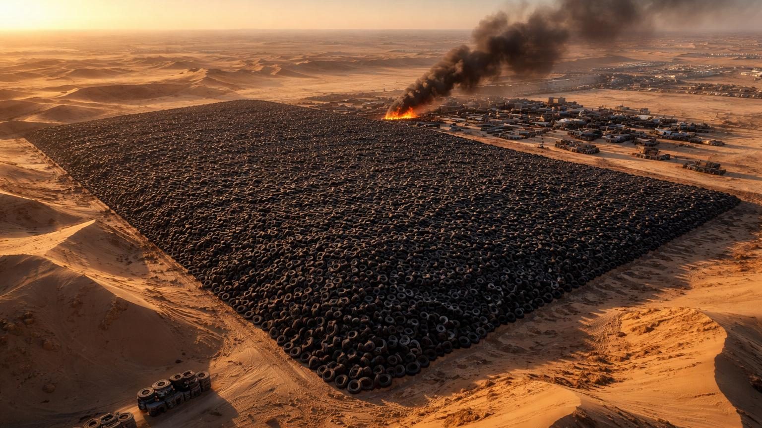 Vue satellite du désert koweïtien avec une vaste tache noire rectangulaire formée par des millions de pneus usagés entassés dans la région de Sulaibiya, avant son évacuation en 2021.