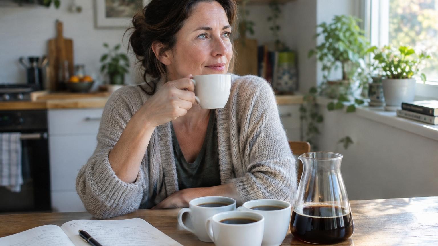Tasses de café alignées sur une table, avec des grains de café éparpillés, illustrant la consommation quotidienne modérée recommandée pour la santé cérébrale