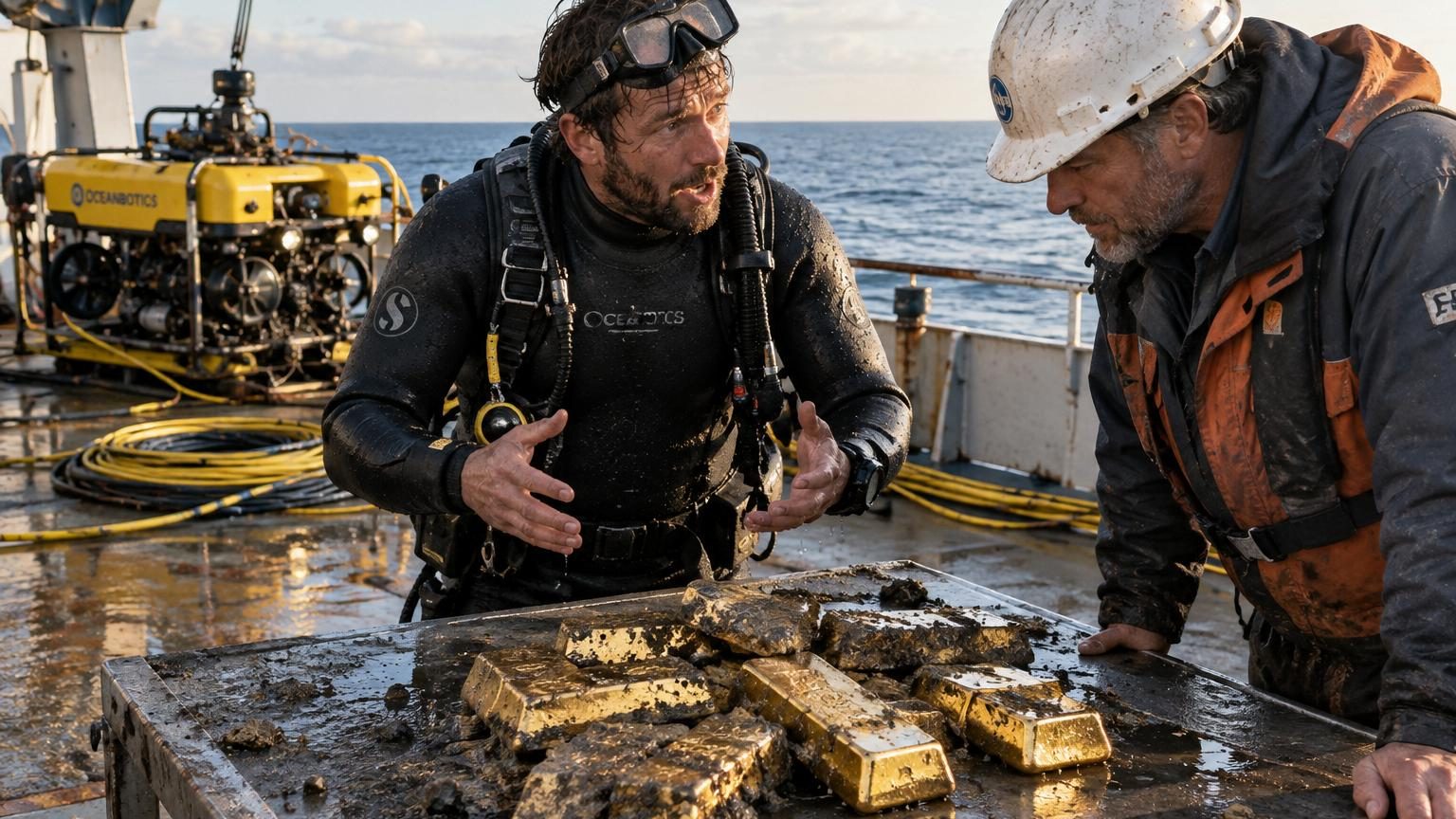 Bras robotisé descendant dans l'obscurité marine à 240 mètres de profondeur, éclairant une épave tordue de la Seconde Guerre mondiale et un lingot d'or à moitié pris dans la corrosion.