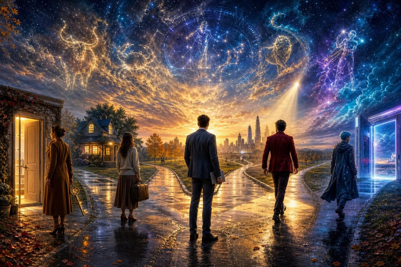 Carrefour symbolique avec panneaux directionnels sous un ciel de septembre, figurant les choix et virages décisifs attendus pour les cinq signes astrologiques.