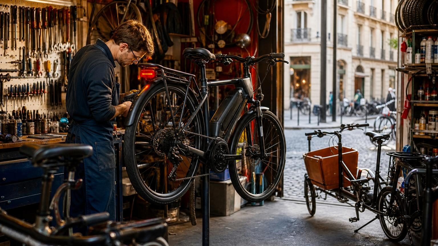 Atelier de réparation de quartier avec un technician branchant une valise électronique de diagnostic sur un vélo électrique posé sur un pied d'atelier.