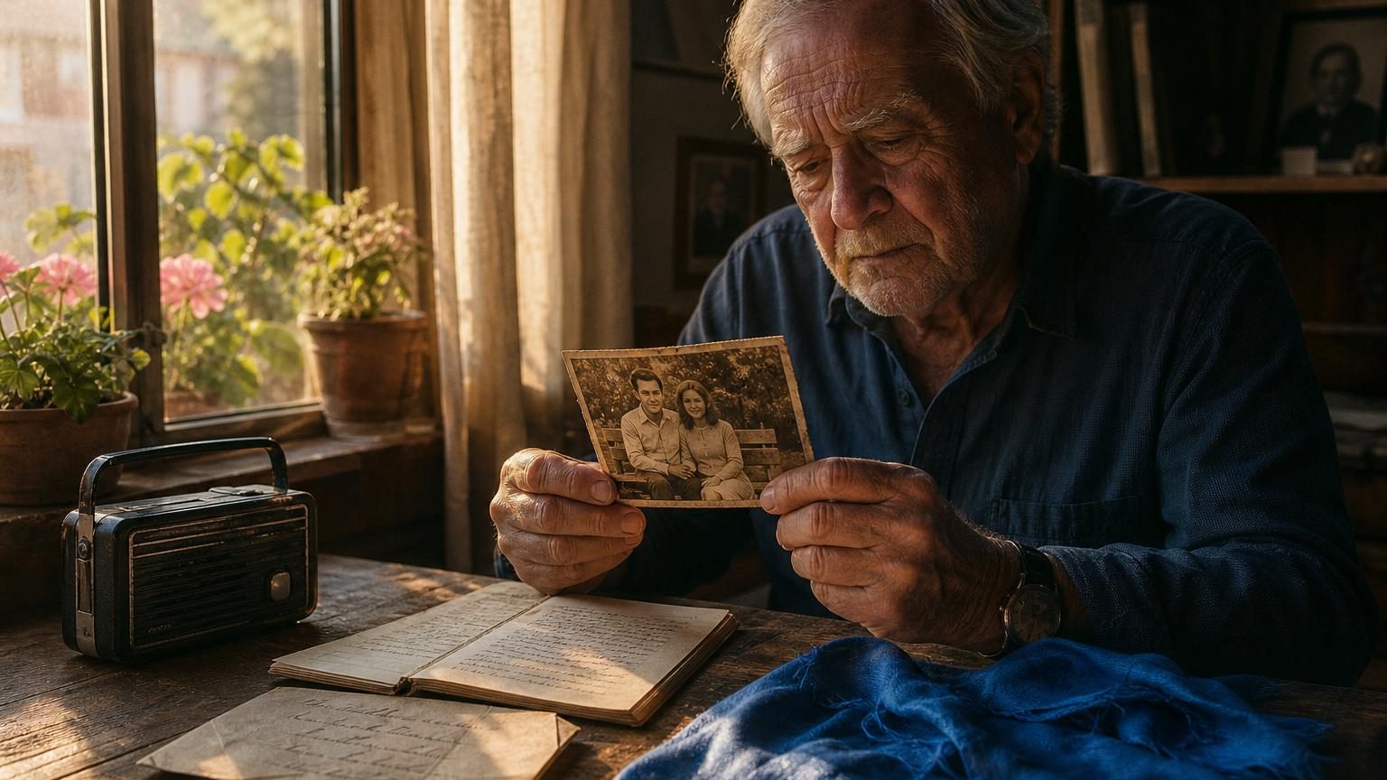 Un homme âgé tient un vieux carnet jauni et une photo noir et blanc, les yeux fermés sur un souvenir d'été lointain.