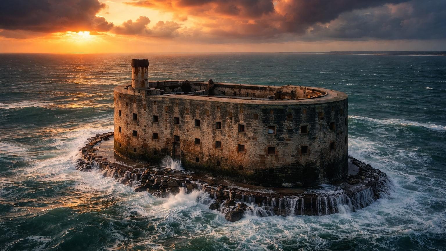 Vue aérienne du Fort Boyard entouré d'eau en pleine mer, massive forteresse circulaire aux murs de pierre grise surplombant les flots de l'Atlantique