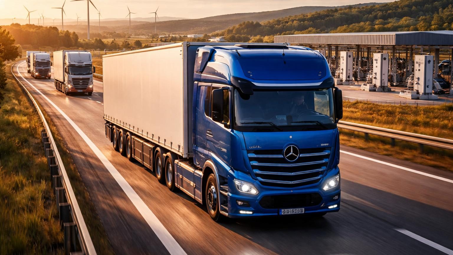 Un camion Mercedes eActros 600 bleu de 40 tonnes chargé de fret circule sur une autoroute allemande, mettant en avant la praticabilité des poids lourds électriques en conditions réelles de transport longue distance.