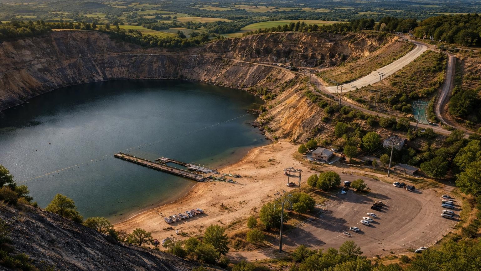 Vue aérienne du parc Cap'Découverte montrant un vaste site de loisirs sur un ancien cratère minier avec lac artificiel, pistes et bâtiments d'accueil dispersés sur 700 hectares.