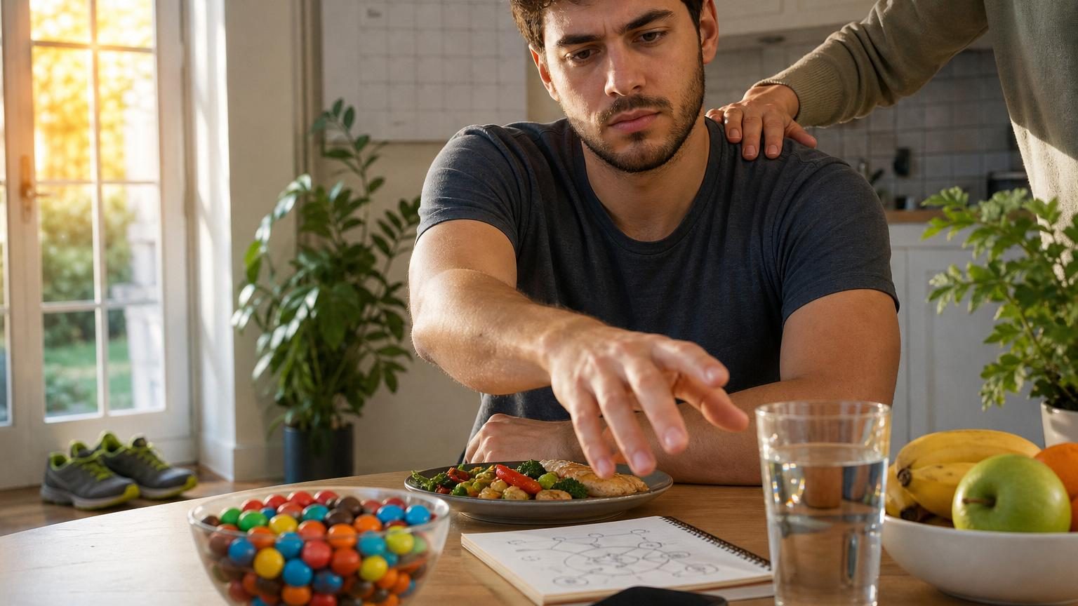 Illustration montrant une personne en train de remplacer une mauvaise habitude par une autre bénéfique, avec des symboles de cigarette, grignotage et téléphone barrés, et des alternatives positives en avant-plan.