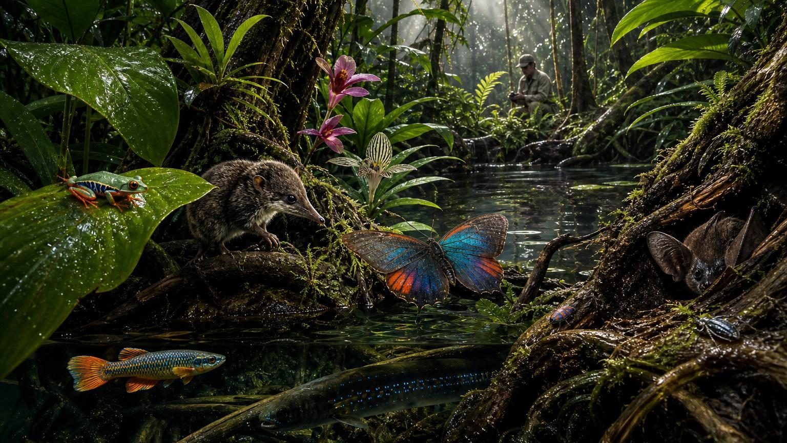 Forêt tropicale dense du bassin du Congo avec végétation luxuriante, cours d'eau et canopée épaisse sous ciel couvert