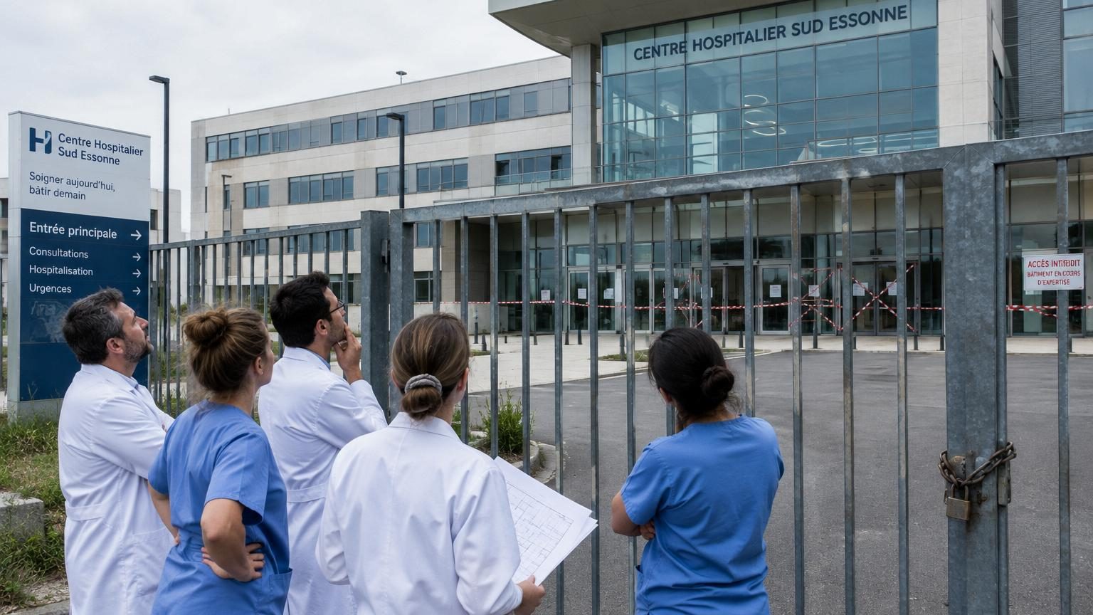 Couloirs vides d'un hôpital moderne avec portes condamnées par du ruban blanc et rouge, illustrant un bâtiment neuf inutilisable malgré son coût massif.