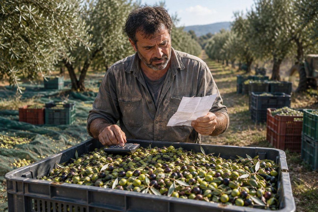 Filets verts tendus sous des oliviers en récolte, avec des saisonniers utilisant des peignes électriques pour faire tomber les olives noires dans les filets froissés.