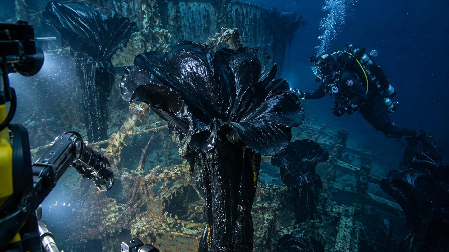Vue submersible d'une épave de cargo gisant au fond de l'océan, entourée de formations noires en forme de fleurs géantes et ondulées, brillantes sous les projecteurs du navire, à 1 890 mètres de profondeur.