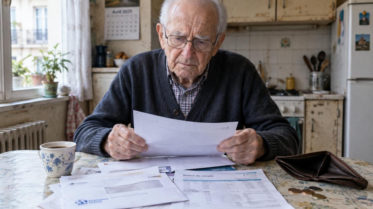 Un homme âgé assis à une table de cuisine consulte ses documents administratifs aux côtés de son fils, regardant avec inquiétude ses relevés bancaires montrant une réduction d'allocation.
