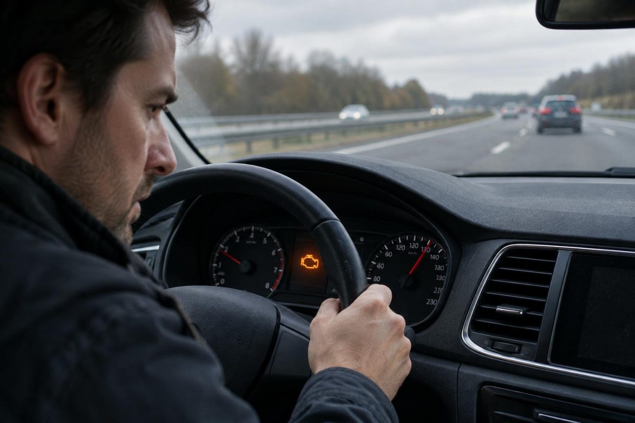 Gros plan du tableau de bord d'une voiture avec un voyant moteur orange allumé, photographié de l'intérieur du véhicule en mouvement sur autoroute