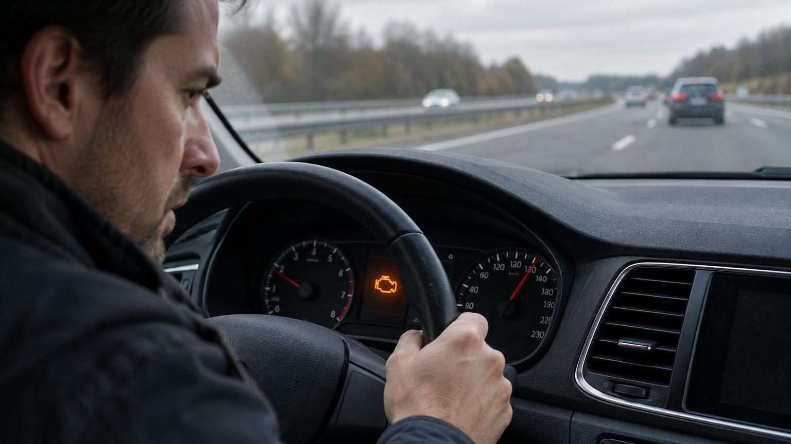 Gros plan du tableau de bord d'une voiture avec un voyant moteur orange allumé, photographié de l'intérieur du véhicule en mouvement sur autoroute