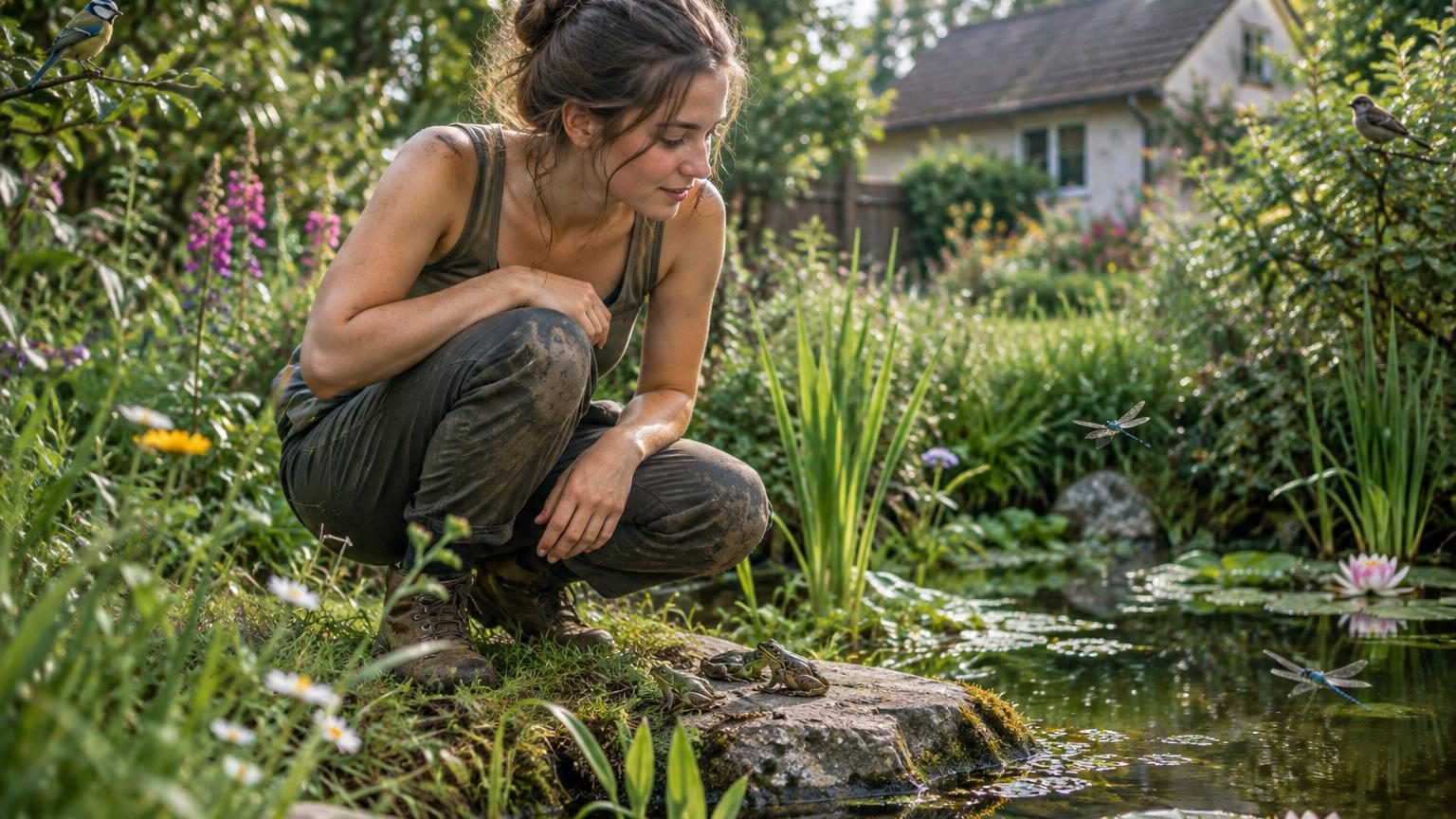 Vue aérienne d'un petit étang naturel bordé de pierres dans un jardin familial, avec la surface brillante d'eau reflétant la lumière et des zones de végétation aquatique.