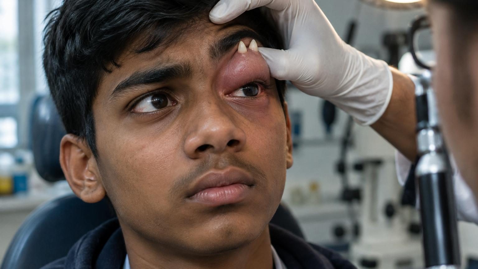 Illustration médicale d'une orbite oculaire montrant la localisation anormale d'une canine blanche pointue au-dessus du globe oculaire, entourée de tissus orbitaux