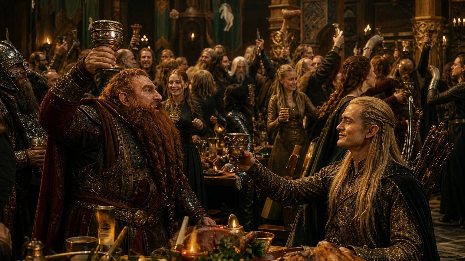 Howard Shore au banquet d'Edoras entouré d'invités de la cour du Rohan lors du concours de boisson entre Legolas et Gimli
