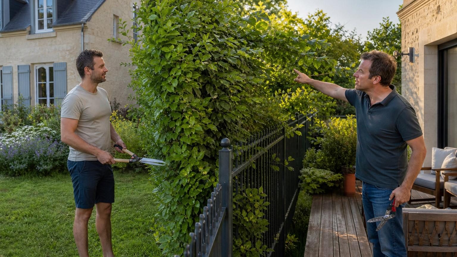 Rangée de haies vertes bien entretenues marquant la séparation entre deux jardins mitoyens, avec branches bien alignées.