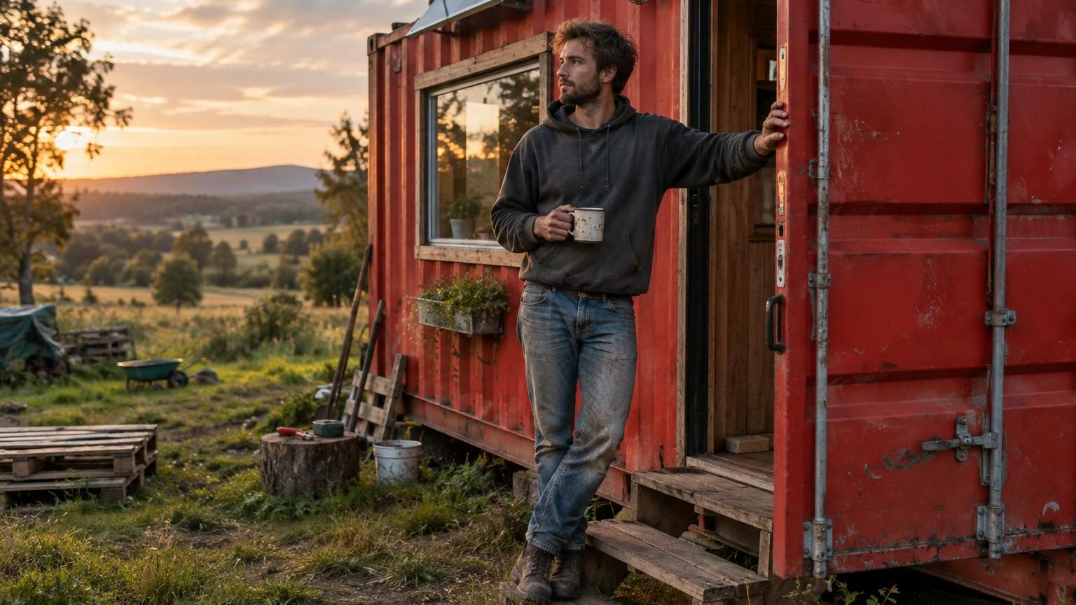 Un conteneur maritime rouge transformé en petit habitat, posé sur un terrain agricole avec une fenêtre découpée et des aménagements minimalistes visibles à l'intérieur.