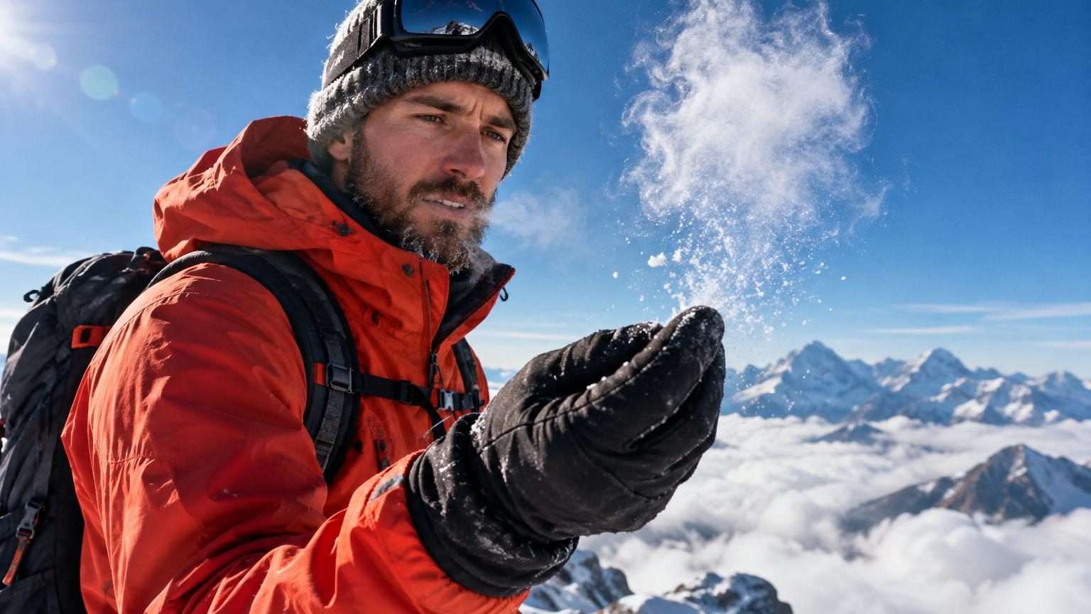 Plateforme d'observatoire de montagne à haute altitude avec chambre froide contenant des cristaux de glace flottant dans un cylindre transparent, où se forme un nuage miniature sous éclairage artificiel.