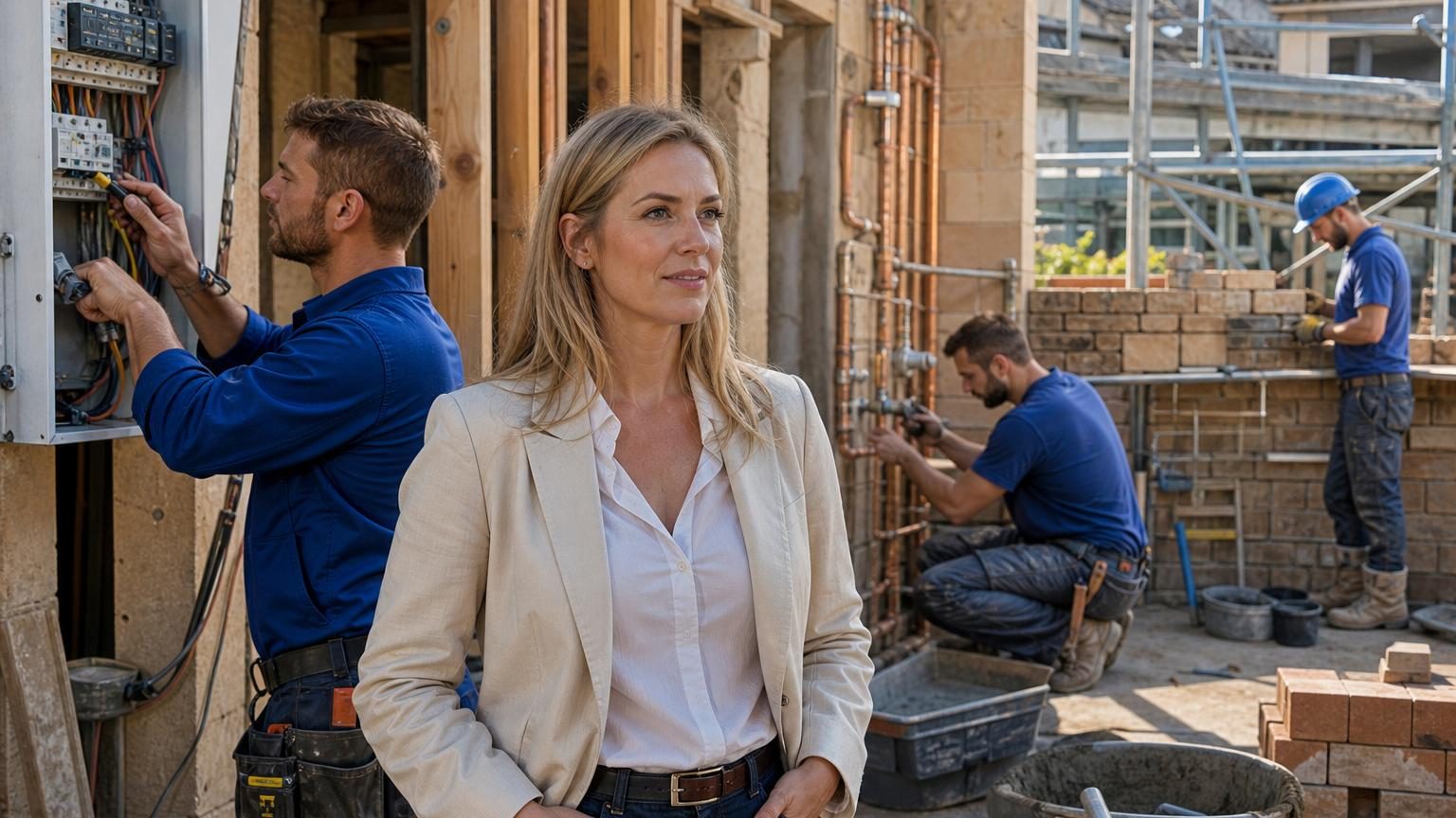 Une femme dirigeante d'entreprise de 33 ans en tenue professionnelle sourit devant un chantier du bâtiment, symbolisant la reconnaissancedes métiers manuels comme voie vers la réussite professionnelle et financière.